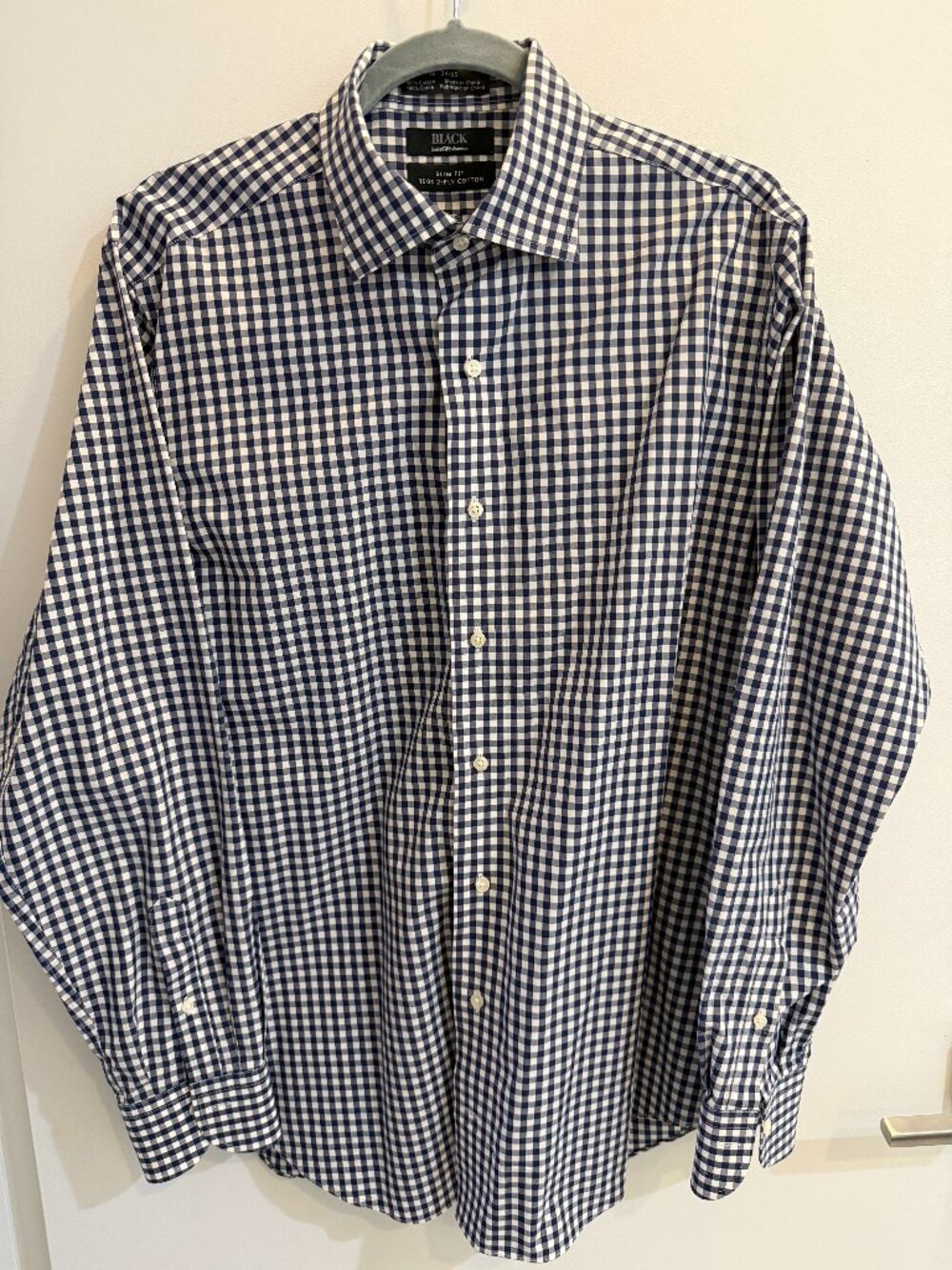 Saks Fifth Avenue BLACK Slim Fit Navy Gingham Shirt 16/34-35